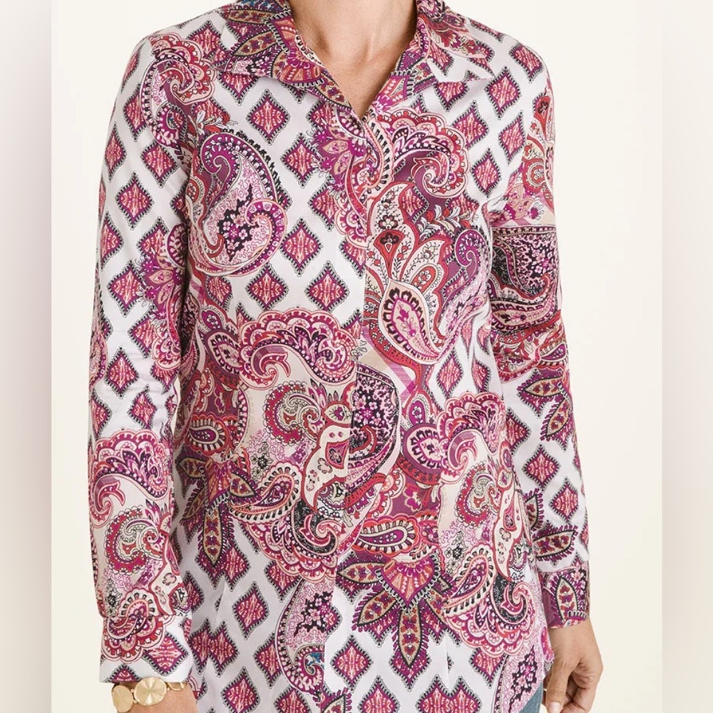 CHICO'S WOMEN'S 1 PETITE | 8P BLOUSE RED PURPLE  MIX PRINT WING COLLAR NO IRON - Picture 11 of 12
